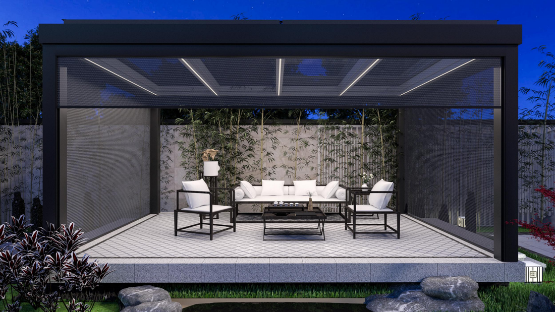 Tempered Glass Roof Pergola with Windproof Roller Blind, Remote Control, and LED light - Paradise Decor - TX