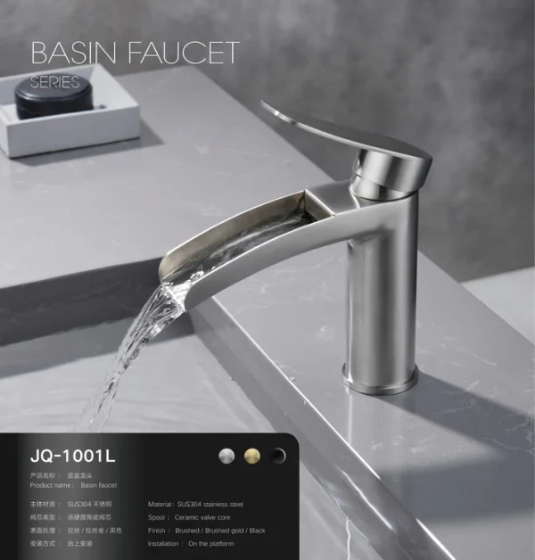 Bathroom Basin Faucet, One Hole One Handle Waterfall Modern Bathroom Faucet, with Water Supply Line JQ-1001LS - Image 4