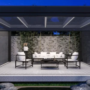 Top Tier Tempered Glass Roof Aluminum Patio Cover with Windproof Roller Blind, Remote Control, and LED light